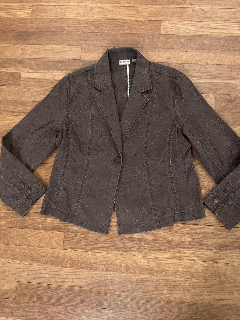 Chico's Women's Brown Floral Embroidered Jacquard Blazer - Size 2 (US 12)
 b84